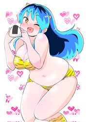  ;d alien animal_print bare_shoulders bikini blue_hair blush boots breasts cleavage cone_horns corrupted_twitter_file cowboy_shot curvy female food heart heart_background heart_in_mouth highres holding holding_food horns looking_at_viewer lum multicolored_hair navel oerba_yun_fang one_eye_closed oni onigiri plump pointy_ears simple_background skin_fang skindentation smile solo strapless striped_bikini striped_clothes swimsuit thick_thighs thigh_boots thighhighs thighs tiger_print toyishiki_shizuoka tube_top urusei_yatsura yellow_bikini yellow_footwear 