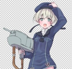  arm_up black_neckerchief blue_dress blue_eyes blue_hat blue_sailor_collar checkered_background commentary_request dress female grey_hair gun hand_on_headwear hat holding itsumip kantai_collection looking_at_viewer machinery neckerchief sailor_collar sailor_dress sailor_hat short_hair smile solo unfinished weapon z1_leberecht_maass_(kancolle) 