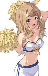  alternate_costume blush breasts brown_eyes brown_hair cheerleader cleavage collarbone commentary_request ebifu female highres idolmaster idolmaster_million_live! looking_at_viewer medium_breasts miniskirt miyao_miya navel open_mouth pom_pom_(cheerleading) simple_background skirt solo thick_eyebrows white_background white_skirt 