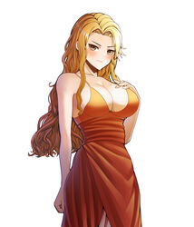  absurdres bad_id bad_twitter_id blonde_hair blush breasts brigid_(fire_emblem) cleavage closed_mouth commission commissioner_upload dress evening_gown female fire_emblem fire_emblem:_genealogy_of_the_holy_war formal furrowed_brow highres large_breasts long_hair looking_at_viewer orange_dress saikunartworks simple_background solo wavy_hair white_background yellow_eyes 