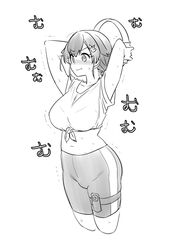  alternate_costume bike_shorts breasts commentary_request cowboy_shot cropped_legs female greyscale hair_flaps hair_ornament hairclip jingei_(kancolle) joy-con kantai_collection large_breasts long_hair low_ponytail monochrome nintendo nintendo_switch ring-con ring_fit_adventure shirt solo sweat tamu_(mad_works) thigh_strap tied_shirt 