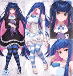  bare_shoulders blue_bow blue_eyes blue_nails blue_ribbon blunt_bangs bow breasts bridal_gauntlets choker collarbone colored_inner_hair cuddly_octopus dakimakura_(medium) elbow_gloves female frills gloves hairbow heart highres honekoneko_(psg) iwbitu juliet_sleeves large_breasts long_hair long_sleeves looking_at_viewer lying multicolored_hair multiple_views nail_polish neck_ribbon on_back panty_&amp;_stocking_with_garterbelt puffy_sleeves ribbon sample_watermark sandals smile stocking_(psg) striped_clothes striped_thighhighs stuffed_animal stuffed_toy thighhighs toenail_polish toenails twitter_username very_long_hair watermark white_gloves 