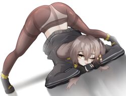  ;p ass black_footwear black_gloves black_jacket black_panties black_pantyhose black_skirt boots brown_eyes brown_hair commentary female fingerless_gloves flexible girls&#039;_frontline gloves hands_on_ground highres jack-o&#039;_challenge jacket long_sleeves meme miniskirt one_eye_closed one_side_up panties panties_under_pantyhose pantyhose pleated_skirt scar scar_across_eye scar_on_face skirt skyetengu smile solo sparkle spread_legs thighband_pantyhose tongue tongue_out top-down_bottom-up ump45_(girls&#039;_frontline) underwear wide_spread_legs 