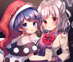  2girls blue_eyes blue_hair bow bowtie commentary doremy_sweet grey_hair hat highres holding_hands jacket kishin_sagume light_particles long_sleeves looking_at_viewer moshihimechan multiple_girls nightcap open_mouth pom_pom_(clothes) red_bow red_bowtie red_eyes red_headwear short_hair smile suit_jacket touhou upper_body white_jacket 