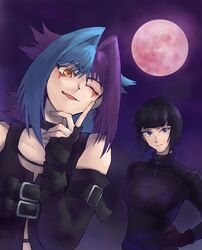  1boy artist_request bakuten_shoot_beyblade_rising beyblade beyblade_rising black_hair blue_hair collar crossdressing female gloves highres kagami_futsuki moon night night_sky otoko_no_ko purple_hair red_moon sky smile source_request sweater umihara_rina 