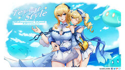  2girls :d ;) absurdres bag barbara_(genshin_impact) barbara_(summertime_sparkle)_(genshin_impact) blonde_hair blue_eyes blue_sky blue_sweater blurry bow bracelet choker cloud cloudy_sky commentary depth_of_field detached_sleeves drill_hair duck_print english_commentary english_text genshin_impact hair_between_eyes hair_ornament hair_ribbon hairbow handbag hat highres horizon hug hug_from_behind jean_(genshin_impact) jean_(sea_breeze_dandelion)_(genshin_impact) jewelry kamilisme long_hair long_sleeves multiple_girls ocean official_alternate_costume one_eye_closed open_mouth ponytail ribbon siblings sidelocks sisters sky slime_(genshin_impact) smile sweater swimsuit twin_drills twintails 