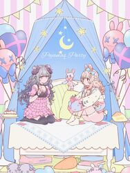  2girls absurdres amayadori_uki animal_ears balloon bed book cake card chikafuji_lisa commentary commission dress food garter_straps highres horns long_hair multiple_girls pajamas phase_connect pink_hair pipkin_pippa pipkin_pippa_(1st_costume) rabbit_ears rabbit_tail ribbon second-party_source sheep_ears sheep_horns sheep_tail skeb_commission stuffed_animal stuffed_rabbit stuffed_toy tail thighhighs tsunderia virtual_youtuber 