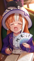  =_= akikawa_yayoi_(umamusume) animal_on_head blonde_hair blush chair commentary_request feline female hat highres merxkialis multicolored_hair oerba_yun_fang on_head open_mouth paper pen table tears translation_request two-tone_hair umamusume window 