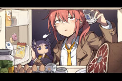  2girls alcohol beer blue_eyes blunt_bangs coat dragon_girl dragon_horns egg egg_carton food highres horns in_container in_refrigerator indoors kanna_kamui kobayashi-san_chi_no_maidragon kobayashi_(maidragon) letterboxed light_purple_hair meat multiple_girls necktie night oyo_hitsuji pink_hair ponytail refrigerator refrigerator_interior shirt sidelocks standing white_shirt 