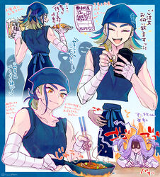  +_+ 2boys absurdres adaman_(pokemon) alcohol anger_vein arm_wrap bad_id bad_pixiv_id bandana beer blue_bandana blue_hair blush chopsticks closed_mouth commentary_request cooking fire floating_hair food frying_pan green_hair highres holding holding_chopsticks holding_plate male_focus melli_(pokemon) multicolored_hair multiple_boys plate pokemon pokemon_legends:_arceus purple_hair shirt sleeveless sleeveless_shirt smile translation_request tyupo_(trrpkm) 