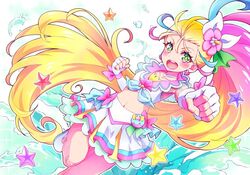  :d blonde_hair blush cure_summer dutch_angle earrings elbow_gloves female fingerless_gloves flower gloves green_eyes hair_flower hair_ornament jewelry kyoutsuugengo long_hair looking_at_viewer magical_girl midriff multicolored_hair natsuumi_manatsu open_mouth pink_hair precure round_teeth side_ponytail skirt smile solo teeth tropical-rouge!_precure very_long_hair white_footwear white_gloves white_skirt 