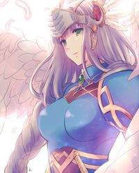  armor blue_armor boobplate breastplate female gem green_eyes grey_hair harushino helmet lenneth_valkyrie long_hair pale_skin valkyrie valkyrie_profile_(series) winged_helmet 