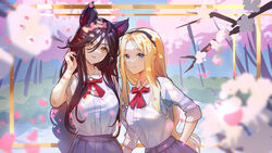  2girls ahri_(league_of_legends) alternate_costume black_hair black_hairband blue_eyes blush bow bowtie breasts brown_eyes brown_hair chibi_vanille closed_mouth collared_shirt hair_between_eyes hairband hand_up highres large_breasts league_of_legends long_hair long_sleeves lux_(league_of_legends) multiple_girls open_mouth parted_bangs petals pleated_skirt purple_skirt red_bow red_bowtie school_uniform shirt short_sleeves skirt smile white_shirt 