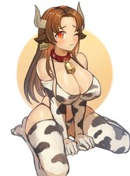  2021 animal_ears animal_print bell bikini breasts brown_hair chinese_zodiac cleavage closed_mouth collarbone cow_ears cow_girl cow_horns cow_print cow_print_bikini cowbell elbow_gloves female gloves highres horns large_breasts long_hair mole mole_under_eye neck_bell new_year one_eye_closed orange_eyes original print_bikini print_gloves print_thighhighs sitting skindentation solo sookmo swimsuit thighhighs wariza year_of_the_ox 