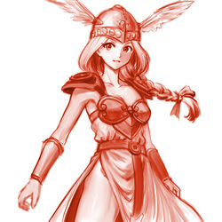  armor bracer braid breasts cleavage collarbone dress female floating_hair hair_ribbon helmet highres legs_apart long_hair medium_breasts minamoto80486 monochrome red_theme ribbon shoulder_armor side_slit simple_background single_braid smile solo standing valkyrie valkyrie_(vnd) valkyrie_no_densetsu white_background winged_helmet 