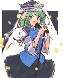  black_hat blue_vest blush commentary_request confetti epaulettes female flying_sweatdrops frilled_hat frills ginnkei green_eyes green_hair hat holding long_sleeves looking_at_viewer microphone_stand music one-hour_drawing_challenge open_mouth outside_border ribbon-trimmed_skirt ribbon_trim shiki_eiki singing solo standing touhou vest 