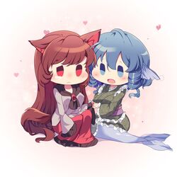  2girls animal_ears blue_eyes brooch brown_hair closed_mouth commentary dress drill_hair drill_sidelocks fins full_body green_kimono head_fins highres imaizumi_kagerou japanese_clothes jewelry kemo_chiharu kimono long_hair looking_at_another mermaid monster_girl multiple_girls open_mouth red_dress red_eyes short_hair sidelocks tears touhou two-tone_dress wakasagihime white_dress wolf_ears yuri 