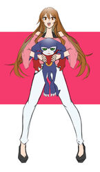  absurdres bad_id bad_pixiv_id bare_shoulders brown_eyes brown_hair collarbone digimon digimon_(creature) female full_body green_eyes hair_between_eyes high_heels highres holding impmon jiyuuya legs_apart long_hair long_sleeves off-shoulder_shirt off_shoulder open_mouth original pants shirt sidelocks simple_background solo standing teeth two-tone_background upper_teeth_only white_legwear white_pants wide_sleeves 