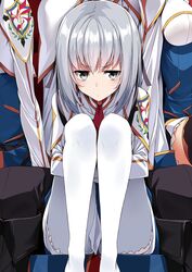  1boy 3girls airi_arcadia between_legs black_ribbon blush commentary_request grey_eyes grey_hair hair_ribbon highres hugging_own_legs jitome kasuga_ayumu_(haruhipo) knees_to_chest knees_up legs long_sleeves looking_at_viewer medium_hair multiple_girls no_shoes official_art out_of_frame pantyhose petticoat ribbon saijaku_muhai_no_bahamut school_uniform sitting solo_focus upskirt white_pantyhose 