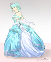  adapted_costume aqua_dress aqua_eyes aqua_hair bow braid dress dress_bow earrings elbow_gloves female full_body gloves gyakuten_saiban hair_bun jewelry karuma_mei necklace phoenix_wright:_ace_attorney_-_justice_for_all simple_background single_hair_bun solo standing tiara twitter_username wakadori white_gloves 