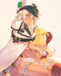  animal bandages belt_buckle blonde_hair buckle canine clover dark-skinned_female dark_skin female four-leaf_clover gloves guilty_gear guilty_gear_strive hat highres holding holding_animal holding_dog kiriyama2109 magehound puppy ramlethal_valentine thigh_strap white_headwear 