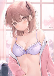  6u_(eternal_land) bag bare_shoulders blush bra breasts brown_eyes brown_hair cardigan cleavage collarbone day dress_shirt female frilled_bra frills hair_ribbon indoors jacket large_breasts long_sleeves looking_at_viewer medium_hair navel off_shoulder open_clothes open_jacket original parted_lips pink_cardigan purple_bra ribbon school_uniform shirt solo stomach two_side_up underwear upper_body white_shirt window 