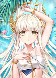  ahoge aiguillette animal_ear_fluff animal_ears arknights arm_up bad_id bad_pixiv_id bikini bracelet breasts chinese_commentary closed_mouth collarbone criss-cross_halter dakimakura_(medium) expressionless female from_above halterneck hand_on_own_chest horse_ears jewelry jiushi_shijiu laurel_crown lips long_hair looking_at_viewer medium_breasts official_alternate_costume partially_submerged petals plant platinum_(arknights) platinum_(shimmering_dew)_(arknights) solo straight_hair swimsuit upper_body water wet white_bikini white_hair yellow_eyes 