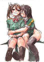  2girls asymmetrical_legwear black_hair bow bowtie brown_hair chikuma_(kancolle) chikuma_kai_ni_(kancolle) commentary_request hair_between_eyes hair_ribbon hug hug_from_behind kantai_collection long_hair military military_uniform multiple_girls n-mori pelvic_curtain red_bow red_bowtie ribbon short_sleeves side_slit simple_background sitting tone_(kancolle) tone_kai_ni_(kancolle) twintails uneven_legwear uniform white_background white_ribbon 