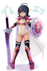  ahoge armor armored_boots ass_visible_through_thighs bikini_armor black_hair blue_eyes blush boots breasts cape collarbone commentary_request cosplay elizabeth_bathory_(brave)_(fate) elizabeth_bathory_(brave)_(fate)_(cosplay) elizabeth_bathory_(fate) fate/grand_order fate/requiem fate_(series) female full_body highres large_breasts looking_at_viewer magatama magatama_hair_ornament medium_hair multicolored_hair navel one-piece_tan pauldrons pink_armor pink_hair sen_(astronomy) shield shoulder_armor sidelocks silver_trim solo streaked_hair sword tan tanlines translation_request utsumi_erice vambraces weapon white_cape 