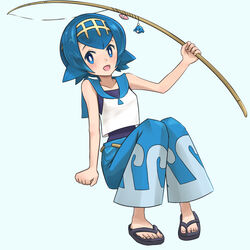  :d blue_eyes blue_hair blue_pants blue_sailor_collar blush bright_pupils clenched_hand commentary_request female fishing_lure fishing_rod flip-flops freckles full_body hairband hand_up happy holding holding_fishing_rod lana_(pokemon) ni-jo no_sclera one-piece_swimsuit open_mouth pants pokemon pokemon_sm popplio sailor_collar sandals shirt short_hair sleeveless sleeveless_shirt smile solo swimsuit swimsuit_under_clothes toes tongue wave_print white_pupils white_shirt yellow_hairband 