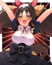  +_+ absurdres animal_ears arms_up blush breasts brown_hair female hair_ribbon highres horse_ears horse_girl horse_tail large_breasts long_hair looking_at_viewer marvelous_sunday_(umamusume) misonikomi oerba_yun_fang open_mouth ribbon solo tail twintails umamusume yellow_eyes 