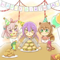  3girls :d :o airani_iofifteen animal_ears area_15 ayunda_risu balloon box brown_hair burger chicken_(food) chicken_leg collarbone commentary_request food gift gift_box gradient_hair green_eyes green_hair green_headwear grey_hoodie hair_between_eyes hair_bobbles hair_ornament happy_birthday hat highres hololive hololive_indonesia hood hood_down hoodie long_sleeves moona_hoshinova multicolored_hair multiple_girls one_side_up open_mouth palette_hair_ornament parted_lips party_hat pink_hair plate purple_eyes purple_hair rutorifuki shirt sleeves_past_wrists smile squirrel_ears squirrel_girl squirrel_tail stuffed_animal stuffed_squirrel stuffed_toy tail teeth tilted_headwear upper_teeth_only v-shaped_eyebrows virtual_youtuber white_shirt yellow_headwear 