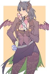  blue_eyes blue_hair breasts brown_pantyhose byleth_(female)_(fire_emblem) byleth_(fire_emblem) byleth_(male)_(fire_emblem) byleth_(male)_(fire_emblem)_(cosplay) byleth_(male)_(halloween)_(fire_emblem) candy cleavage commentary cosplay fangs female fire_emblem fire_emblem:_three_houses fire_emblem_heroes food formal gloves hair_ornament halloween halloween_costume highres large_breasts long_hair looking_at_viewer medium_hair navel pantyhose patterned_legwear radiostarkiller short_hair simple_background smile solo suit symbol-only_commentary vampire 