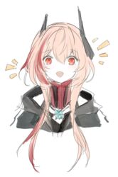  :d althea_jade black_jacket blonde_hair female girls&#039;_frontline headgear highres jacket long_hair m4_sopmod_ii_(girls&#039;_frontline) m4_sopmod_ii_(mod3)_(girls&#039;_frontline) multicolored_hair red_eyes red_hair simple_background smile solo streaked_hair white_background 