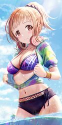  absurdres asymmetrical_bikini bikini black_bikini blue_sky blush breasts brown_eyes cleavage cloud collarbone commentary day dot_nose female fishnets headphones headphones_around_neck highres idolmaster idolmaster_shiny_colors jacket light_brown_hair looking_at_viewer masuku_(saint_mask) medium_breasts multicolored_clothes multicolored_jacket navel open_clothes open_jacket outdoors ponytail print_bikini purple_bikini sakuragi_mano scrunchie short_sleeves sidelocks sky smile solo stomach swimsuit thick_eyebrows thigh_strap thighs water water_gun wristband zipper zipper_pull_tab 