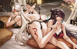  2girls anklet bare_legs barefoot beidou_(genshin_impact) black_legwear black_panties bra breasts brown_hair chinese_commentary commentary_request dress eyepatch feet feet_up foot_worship genshin_impact hair_ornament hair_over_one_eye hair_stick highres holding holding_another&#039;s_foot holding_smoking_pipe indoors jewelry kacyu large_breasts leg_tattoo licking licking_foot long_hair looking_at_viewer lying multiple_girls multiple_rings ningguang_(genshin_impact) no_shoes on_bed on_stomach panties parted_bangs parted_lips pink_nails red_bra red_eyes red_nails red_panties revision ring short_dress side-tie_panties smoking_pipe tattoo thighhighs toe_ring toenails toes tongue tongue_out underwear underwear_only very_long_hair white_hair yuri 