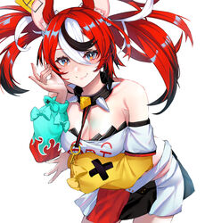  absurdres animal_ears black_hair blue_eyes breasts cheese cleavage collar dice_hair_ornament female food hair_ornament hakos_baelz highres hololive hololive_english lessone looking_at_viewer medium_breasts mouse_ears mouse_girl mouse_tail mousetrap multicolored_hair red_hair smile solo spiked_collar spikes streaked_hair tail twintails virtual_youtuber white_hair 