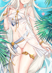  aiguillette arknights bad_id bad_pixiv_id bare_legs bikini bracelet breasts chinese_commentary closed_mouth collarbone criss-cross_halter dakimakura_(medium) dress facing_viewer female from_above halterneck hand_in_own_hair head_out_of_frame horse_tail jewelry jiushi_shijiu lips long_hair medium_breasts midriff navel off-shoulder_dress off_shoulder official_alternate_costume partially_submerged petals plant platinum_(arknights) platinum_(shimmering_dew)_(arknights) sash see-through solo straight_hair striped_sash swimsuit tail thighlet thighs torso very_long_hair water wet wet_clothes white_bikini white_dress white_hair 