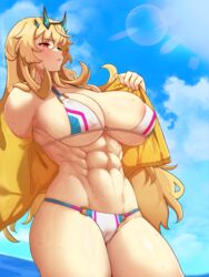  abs absurdres bare_shoulders barghest_(fate) barghest_(swimsuit_archer)_(fate) barghest_(swimsuit_archer)_(final_ascension)_(fate) beach bikini blonde_hair blue_sky blush breasts cleavage fate/grand_order fate_(series) female green_eyes heterochromia highres horns large_breasts long_hair multicolored_bikini multicolored_clothes muscular muscular_female navel open_clothes open_shirt outdoors red_eyes shirt sky solo swimsuit thick_thighs thighs todding wet white_bikini yellow_shirt 