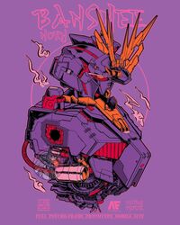  character_name english_commentary from_side gundam gundam_unicorn highres looking_down machinery mecha mobile_suit no_arms no_humans orange_eyes purple_background purple_theme robot science_fiction solo stunning_warrior unicorn_gundam_banshee upper_body v-fin 