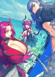  3girls armored_boots blue_eyes boots breasts dragon_horns elizabeth_bathory_(fate) elizabeth_bathory_(fate/extra_ccc) fate/extra fate/extra_ccc fate_(series) flat_chest francis_drake_(fate) highres horns huge_breasts long_hair melon22 meltryllis_(fate) multiple_girls navel pink_hair pirate purple_eyes purple_hair ribbon scar scar_on_face 