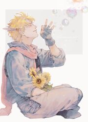  1boy adam&#039;s_apple battle_tendency blonde_hair blowing_bubbles blue_footwear blue_gloves blue_jacket bubble caesar_anthonio_zeppeli character_name closed_eyes closed_mouth commentary_request dated edamame_dosukoi facial_mark feather_hair_ornament feathers fingerless_gloves flower from_side full_body gloves hair_ornament hand_up hydrokinesis indian_style jacket jojo_no_kimyou_na_bouken knee_pads male_focus no_headband ok_sign pants pink_scarf pocket profile scarf shoe_soles shoes short_hair sitting solo sunflower water white_pants yellow_flower 