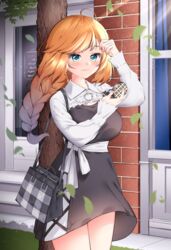  ahoge bag benevolent_leanne black_dress blue_eyes blush braid brick_wall commission dress female floating_hair hand_mirror handbag highres ine_(ineinnen) last_origin long_hair looking_down mirror pixiv_commission shrug_(clothing) solo tree window 