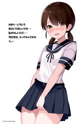  absurdres blue_sailor_collar blue_skirt blush brown_eyes brown_hair commentary cowboy_shot female highres himura_moritaka kantai_collection looking_at_viewer low_twintails nose_blush pleated_skirt sailor_collar sailor_shirt school_uniform serafuku shirayuki_(kancolle) shirt short_hair skirt skirt_hold solo translated twintails twitter_username white_shirt 