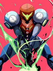  arm_cannon armor artist_name assault_visor breasts commentary english_commentary female glowing green_visor gun helmet long_hair looking_at_viewer metroid metroid_dread power_armor power_suit power_suit_(metroid) ross_tran samus_aran science_fiction simple_background solo weapon 