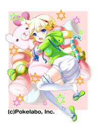  blonde_hair blue_eyes breasts character_request copyright_notice drawstring female flip-flops full_body green_footwear green_hoodie hair_between_eyes heart hood hood_down hoodie hugging_object kuzumochi_(kuzumochiya) makai_gakuen_catastrophe medium_breasts official_art open_mouth pink_background puffy_shorts ribbon-trimmed_thighhighs ribbon_trim sandals short_shorts shorts solo stuffed_animal stuffed_toy tail tears teddy_bear thighhighs two-tone_background white_background white_shorts white_thighhighs 