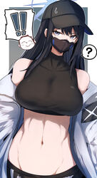  armband bare_shoulders baseball_cap belt black_hair black_headwear black_pants black_shirt blue_archive blue_eyes breasts coat crop_top doodle_sensei_(blue_archive) female gin_moku halo hat highres large_breasts long_hair long_sleeves looking_at_viewer mask midriff mouth_mask navel off_shoulder open_clothes open_coat pants saori_(blue_archive) sensei_(blue_archive) shirt sleeveless sleeveless_shirt solo_focus stomach white_coat 