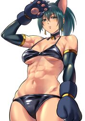  abs absurdres alternate_costume animal_ears animal_hands bare_shoulders bell beniazumaru biceps bikini black_bikini black_bra black_choker blue_eyes blue_hair bra breasts cat_ears cat_girl cat_paws choker earrings elbow_gloves female gloves highres jewelry jingle_bell leona_heidern looking_at_viewer medium_breasts muscular muscular_female paw_gloves ponytail salute simple_background snk_heroines:_tag_team_frenzy solo swimsuit the_king_of_fighters triangle_earrings underwear white_background 