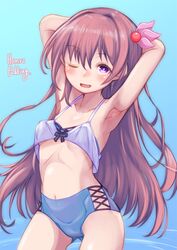  armpits arms_behind_head artist_name ass_visible_through_thighs bikini blue_background breasts brown_hair cowboy_shot female hair_ornament highres kantai_collection kisaragi_(kancolle) long_hair looking_at_viewer mismatched_bikini one_eye_closed open_mouth puddinghomhom purple_eyes small_breasts solo swimsuit 