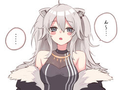  ... animal_ear_fluff animal_ears bad_id bad_twitter_id black_jacket blush breasts cleavage female fur_trim grey_hair hair_between_eyes head_tilt highres hololive jacket karashi_(asarikarasi) lion_ears lion_girl long_hair medium_breasts off_shoulder open_mouth see-through see-through_cleavage shishiro_botan shishiro_botan_(1st_costume) solo speech_bubble spoken_ellipsis two_side_up upper_body virtual_youtuber white_background 